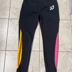 Peloton Black Leggings with Vibrant Yellow and Pink Panels